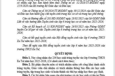 Danh sách trúng tuyển lớp 6 năm học 2025-2026